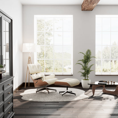 Mid-Century Full Grain Leather Accent Chaise Lounge Chair and Ottoman