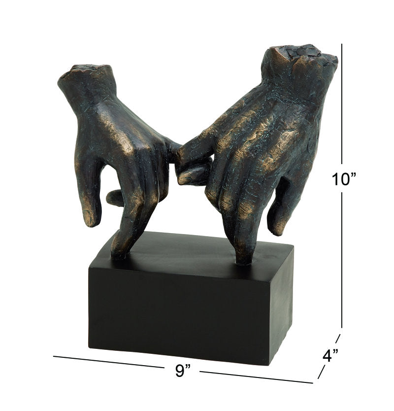 Polystone Weathered Patina Linked Hands Decorative Sculpture with Block Base and Gold Accents
