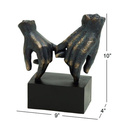 Polystone Weathered Patina Linked Hands Decorative Sculpture with Block Base and Gold Accents