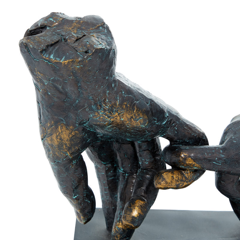 Polystone Weathered Patina Linked Hands Decorative Sculpture with Block Base and Gold Accents