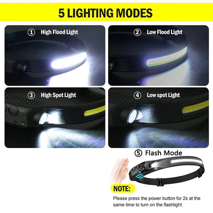 1~5Pack Headlamp USB Rechargeable LED Sensor Flashlight XPE+COB Torch Camping Waterproof Headlight for Fishing Lantern