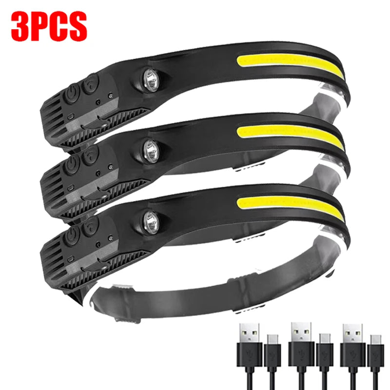 1~5Pack Headlamp USB Rechargeable LED Sensor Flashlight XPE+COB Torch Camping Waterproof Headlight for Fishing Lantern