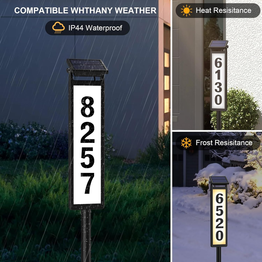 Solar Lighted Illuminated Address Sign, House Numbers for outside Yard Home | LED Numbers Plaque Outdoor Waterproof Aluminum, Black