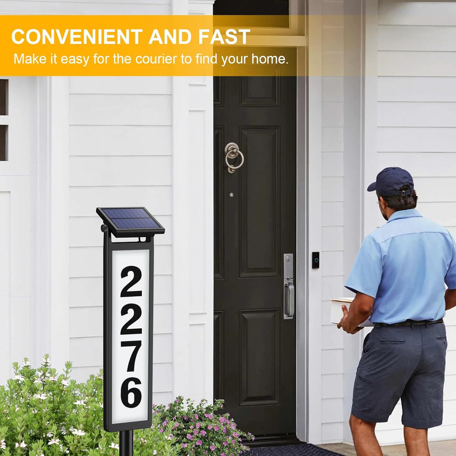 Solar Lighted Illuminated Address Sign, House Numbers for outside Yard Home | LED Numbers Plaque Outdoor Waterproof Aluminum, Black