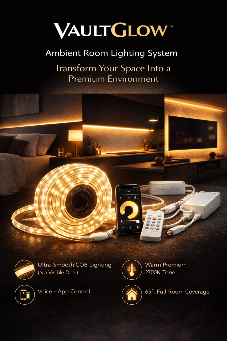 VaultGlow Ambient Room Lighting System ED Strip Lights 65.6ft/20m Warm White 2700K LED Light Strip,Compatible with Alexa/Google Assistant,Dimmable LED Strips for Bedroom,Cabinet,Living Room,CRI93+ Super Bright High Lumen