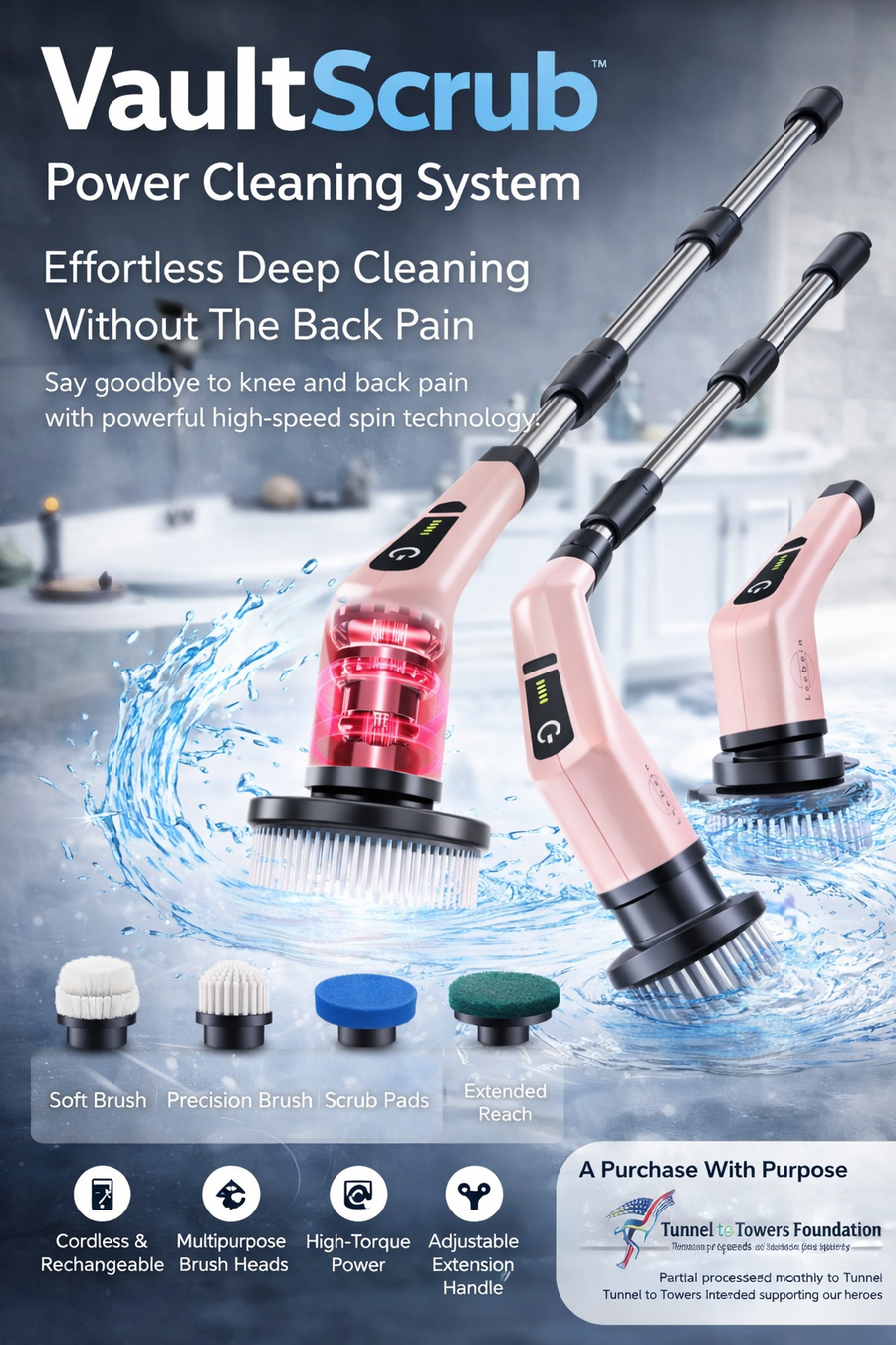 VaultScrub™ Power Cleaning System Leebein Electric Spin Scrubber, Cordless Cleaning Brush with 8 Replaceable Brush Heads, Tub and Floor Tile 360 Power Scrubber Dual Speed with Adjustable & Detachable Handle for Bathroom Kitchen Car