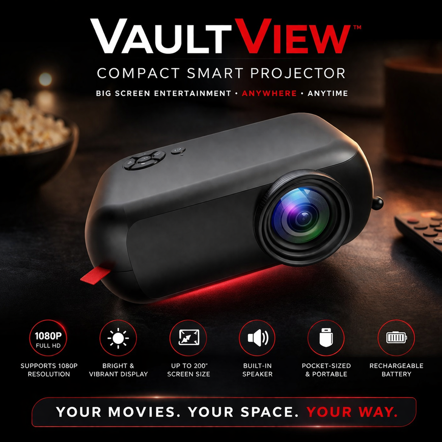 VaultView™ Smart Projector Happrun 1080P Bluetooth Mini Projector, Full HD Portable Outdoor Movie Projector with Built-In Speaker, Compatible with Smartphone, HDMI, USB, AV, Fire Stick, PS5 for Home, Bedroom, Outdoor Use