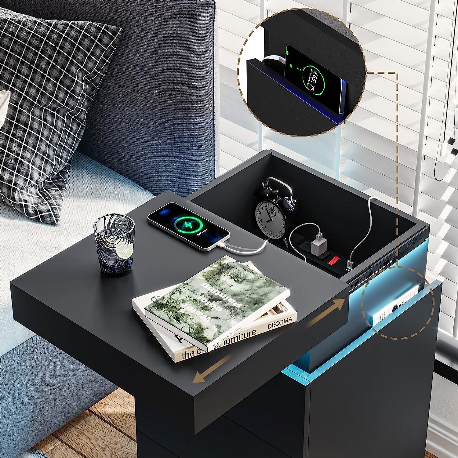 Bedroom Nightstand Charging Station LED Lights Sliding Top Drawers