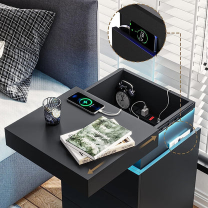 Bedroom Nightstand Charging Station LED Lights Sliding Top Drawers
