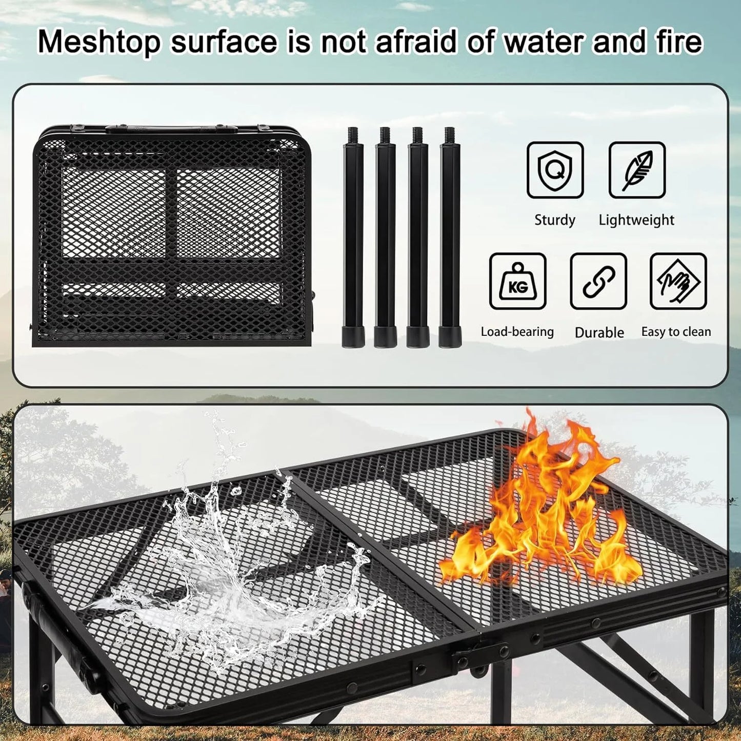 Tiagowell Lightweight Folding Grill Table with Mesh Desktop, Camping Table Folding Portable Camp Aluminum ,Picnic, Backyard, BBQ, Patio, Black