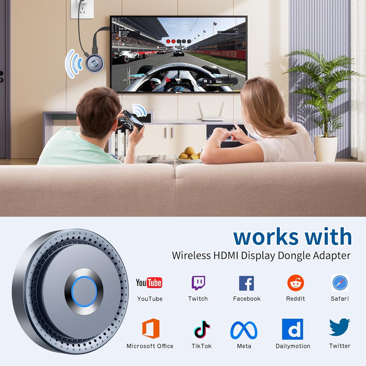 Wireless HDMI Display Dongle Adapter, Wireless Transmitter, Streaming Media Video/Audio/File HDMI Wireless Extender from Laptop, PC, Smartphone to HDTV Projector Monitor