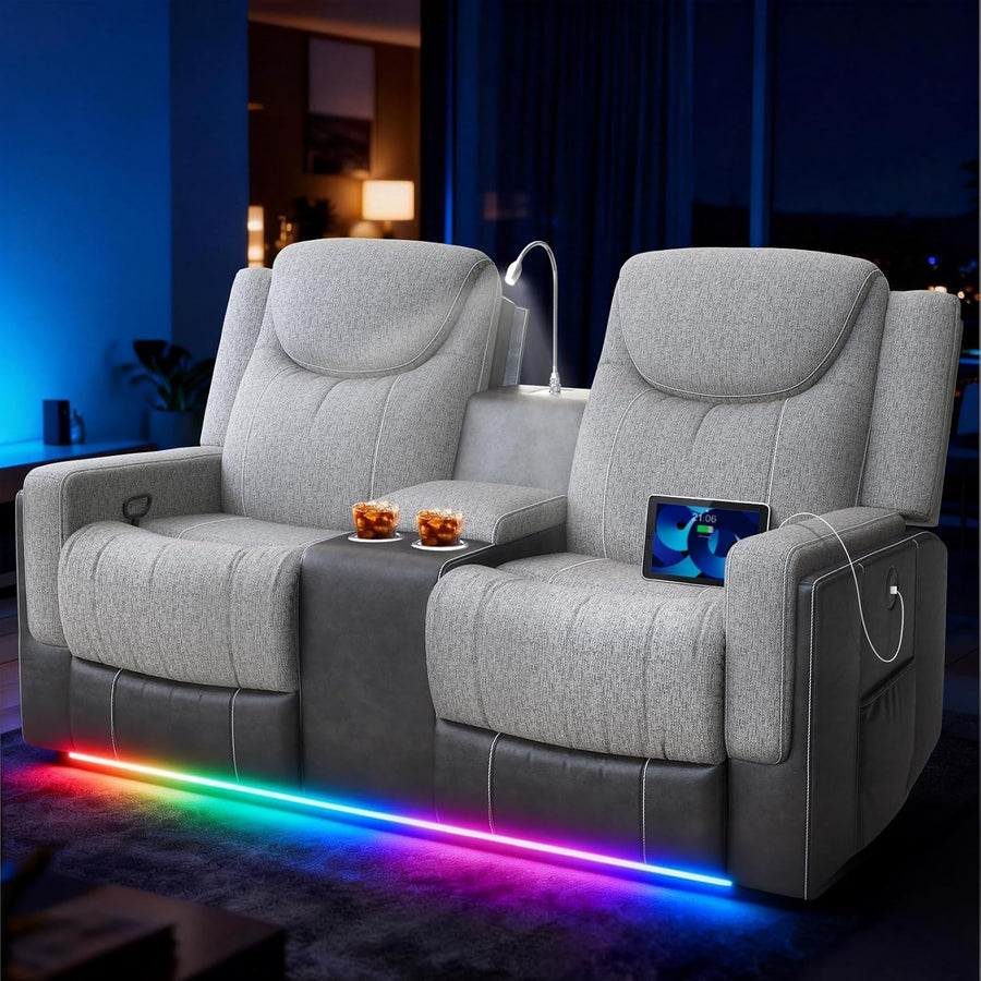 Duitrc Manual Loveseat Recliner Sofa, Home Theater Seating with Touch Reading Light, Console with Cup Holders & Storage, USB Ports, 2 Seater Reclining Couch for Living Room, RV, Home Theater