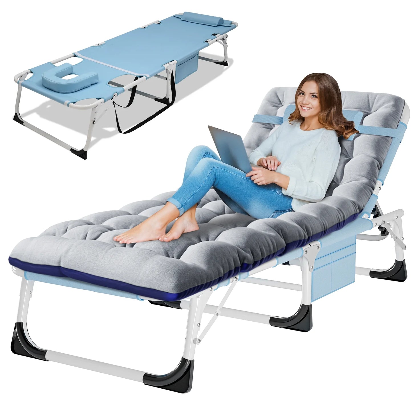 Slsy 3 in 1 Sun Tanning Chair Oversized with Mat & Face Arm Hole, 5-Position Heavy Duty Folding Chaise Outdoor Lounge Chair W/ Pillow, for Beach, Pool, Lawn, Yard, Patio