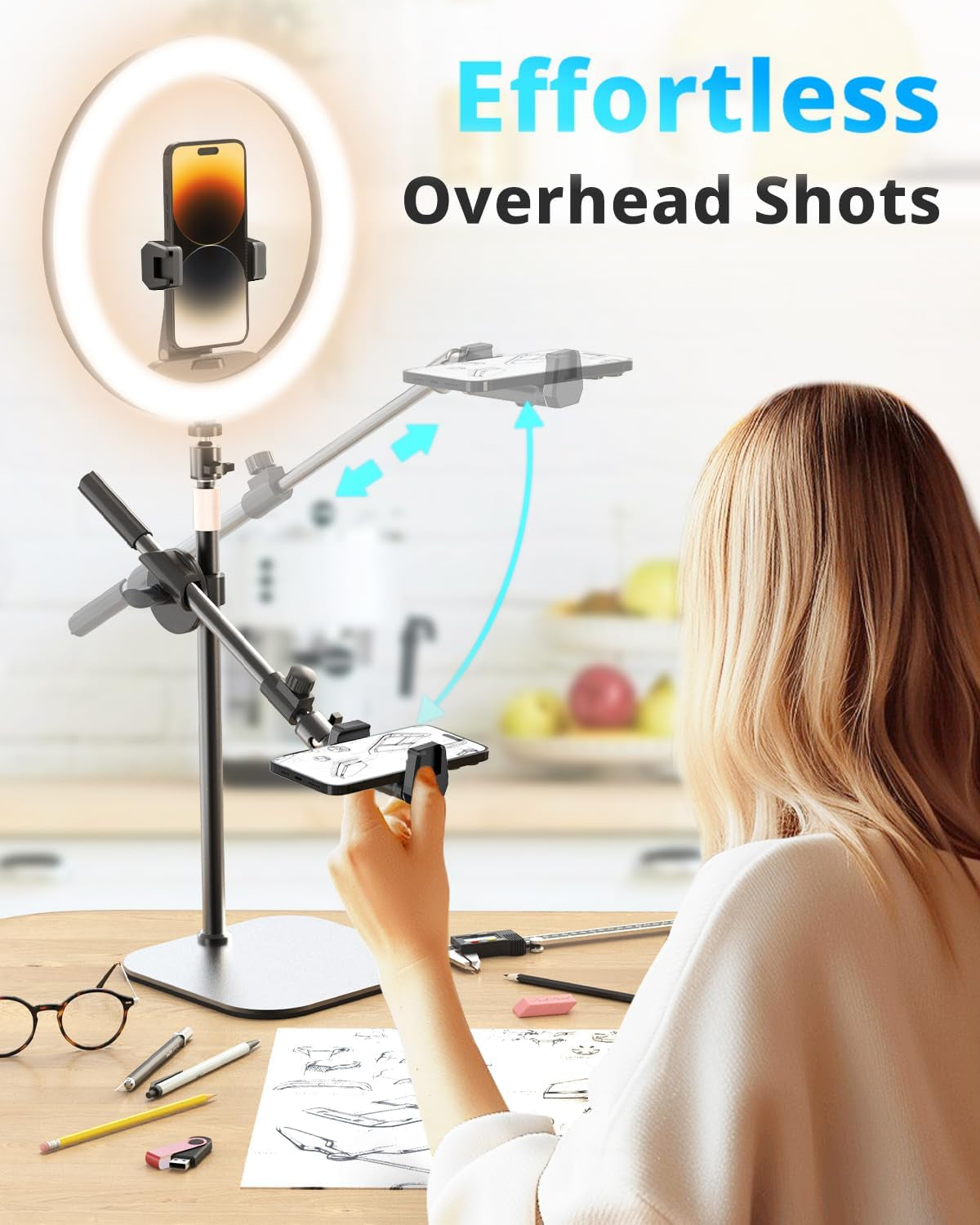 Ubeesize 12" Desk Ring Light with Stand and Phone Holder, Overhead Phone Mount for Video Recording, Zoom Meeting, Live Streaming, Tiktok, Youtube，Compatible with Iphone, Android, Cameras