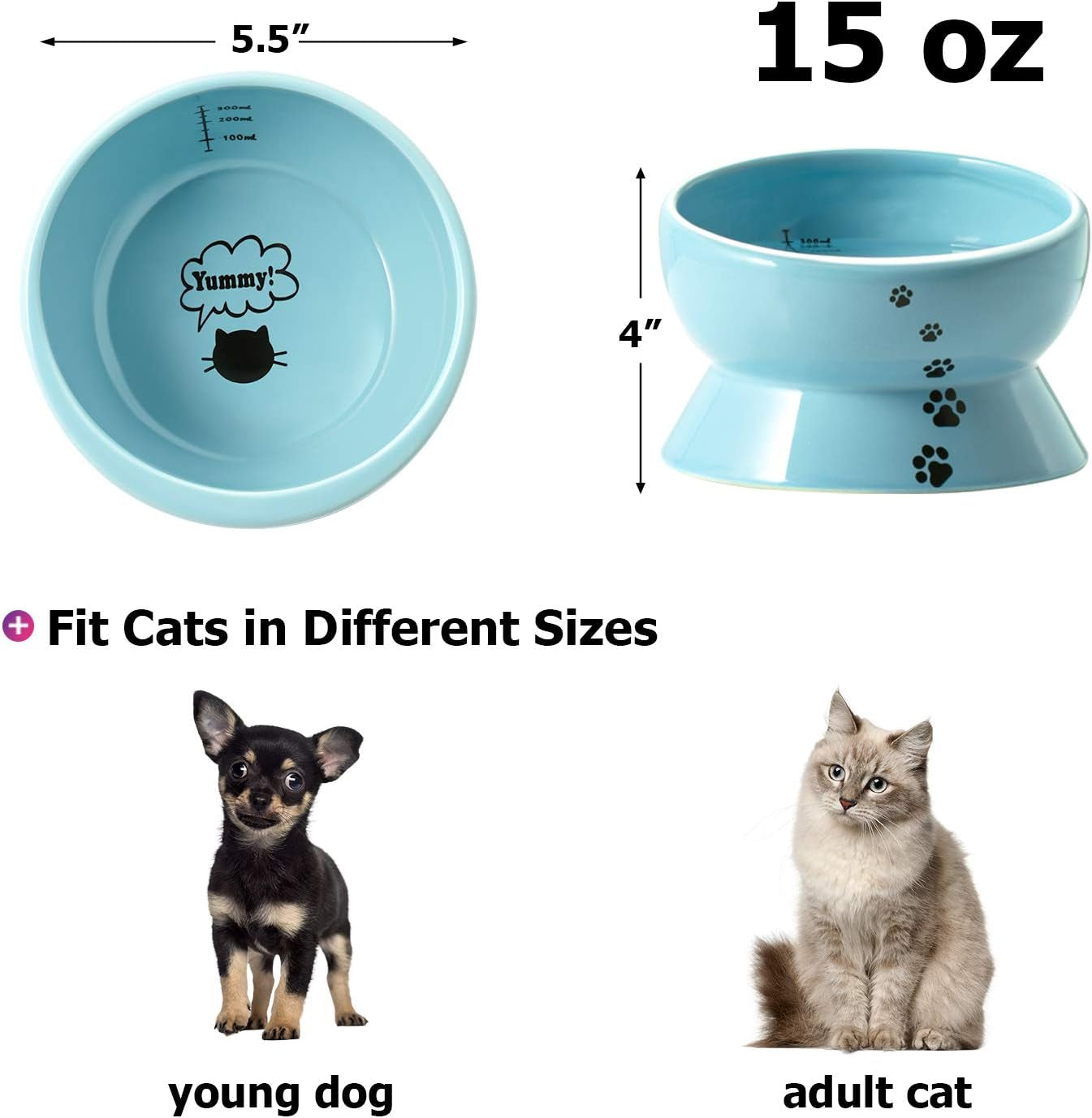 Y YHY Ceramic 15 Ounce Slanted Cat Food Water Bowl, Lake Blue