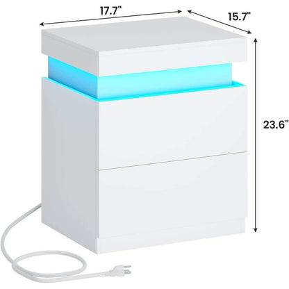 Bedroom Nightstand Charging Station LED Lights Sliding Top Drawers