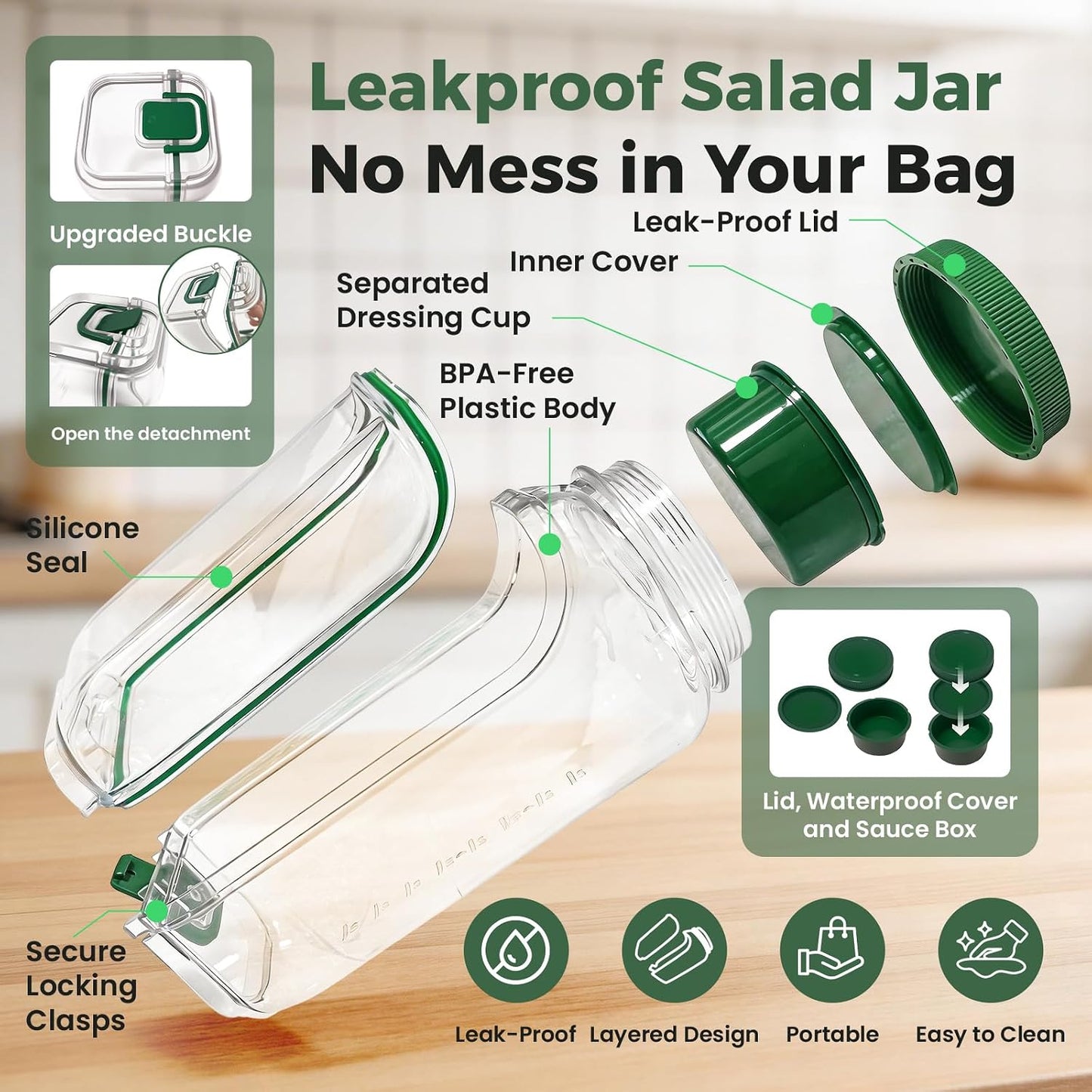 Portable-Salad-Jar Side Opening,Salad-Pod with Dressing Cup 33.8 Oz | 2.5 Oz Cup, Lid Container for Lunch Lid Converts to Bowl Leakproof Design for Office, Travel, Picnic, Meal Prep (Green)