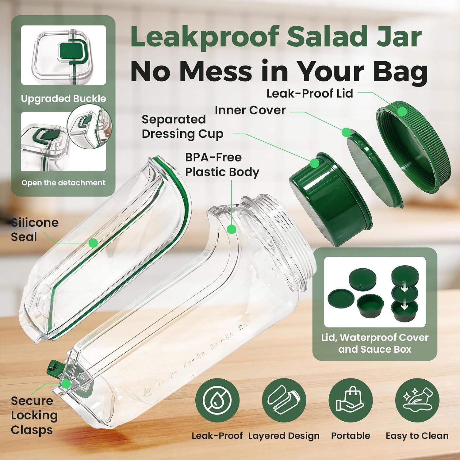 Portable-Salad-Jar Side Opening,Salad-Pod with Dressing Cup 33.8 Oz | 2.5 Oz Cup, Lid Container for Lunch Lid Converts to Bowl Leakproof Design for Office, Travel, Picnic, Meal Prep (Green)