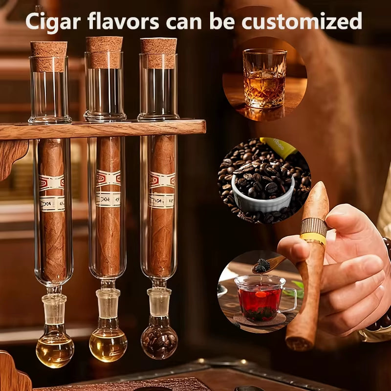 Glass Cigar Tubes Humidor Set Cigar Flavor Infuser Ball Base & Wooden Plug Cigar Incense Glass Tube Set
