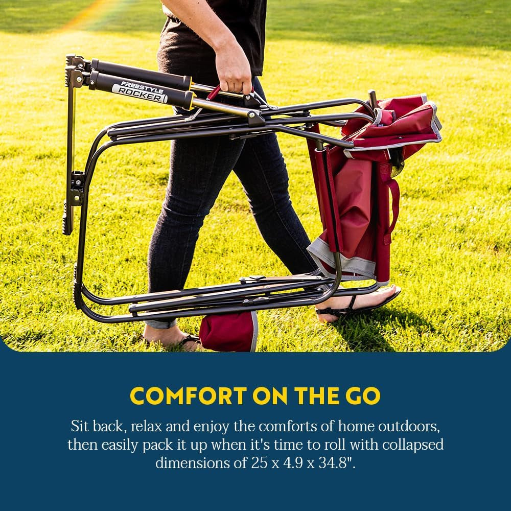 Freestyle Rocker Camping Chair | Portable Folding Rocking Chair with Solid, Durable Armrests, Drink Holder & Comfortable Backrest — Cinnamon