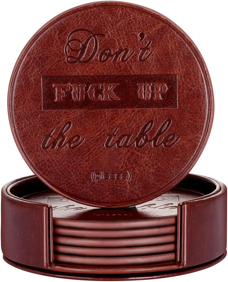 Funny Coasters, Thipoten 6 Pcs Leather Coasters with Holder, Perfect Housewarming Hostess Gifts, Protect Furniture from Water Marks Scratch and Damage(6Pcs, Black)