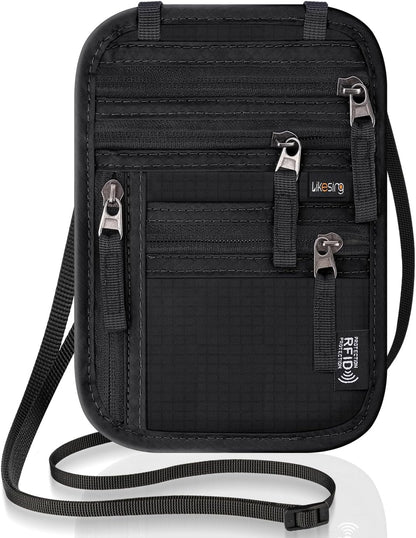 RFID-Blocking Travel Neck Wallet – Passport Holder with 5 Compartments