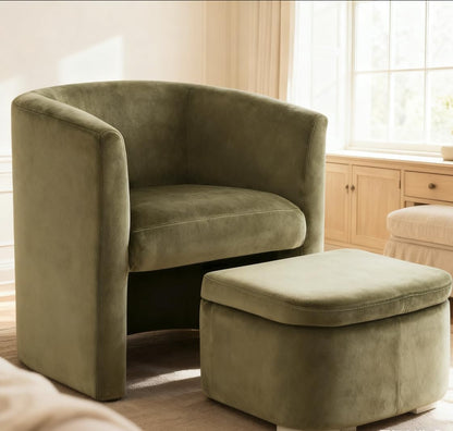 COLAMY Velvet Morden Living Room Chair with Storage Ottoman, Barrel Accent Chair with Lounge Seat for Bedroom/Reading Spaces, Green