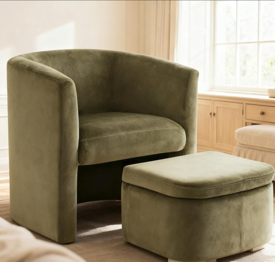 COLAMY Velvet Morden Living Room Chair with Storage Ottoman, Barrel Accent Chair with Lounge Seat for Bedroom/Reading Spaces, Green
