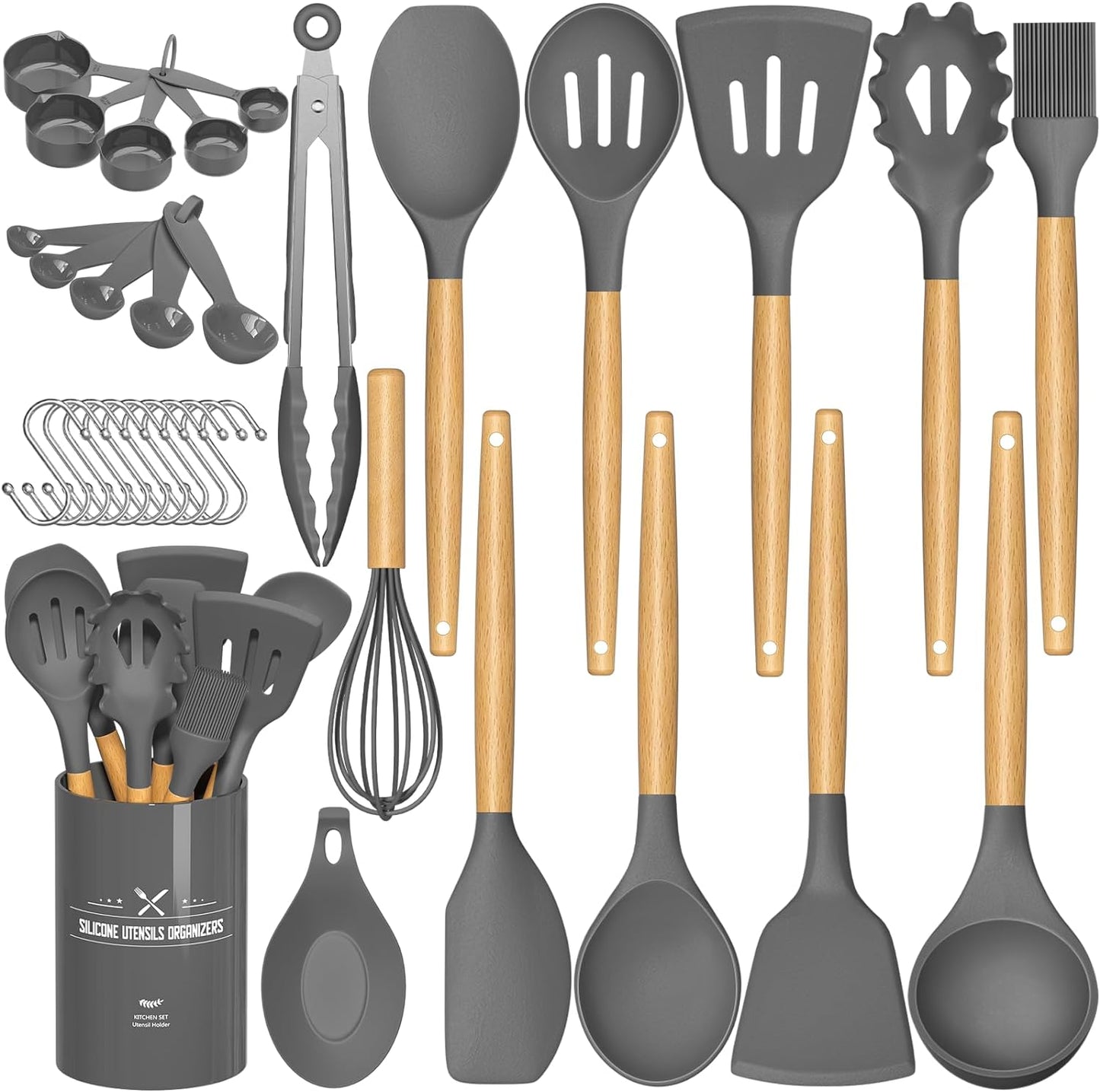 Umite Chef Kitchen Cooking Utensils Set, 33 Pcs Non-Stick Silicone Cooking Kitchen Utensils Spatula Set with Holder, Wooden Handle Silicone Kitchen Gadgets Utensil Set (Khaki)