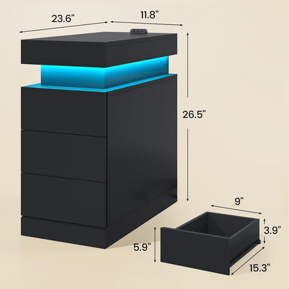 Bedroom Nightstand Charging Station LED Lights Sliding Top Drawers