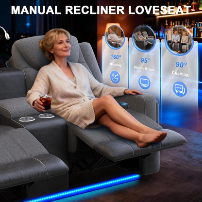 Duitrc Manual Loveseat Recliner Sofa, Home Theater Seating with Touch Reading Light, Console with Cup Holders & Storage, USB Ports, 2 Seater Reclining Couch for Living Room, RV, Home Theater