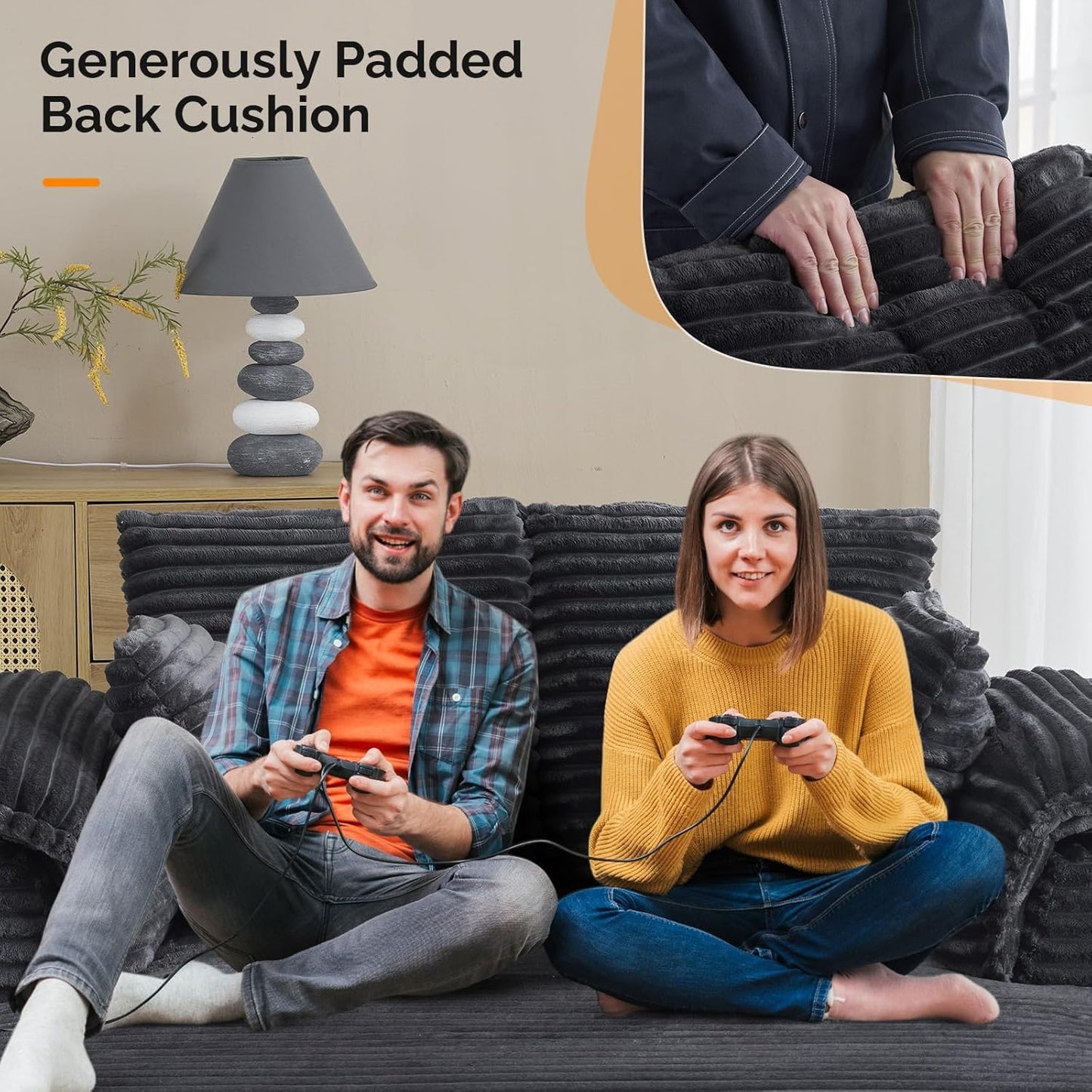 VINGLI 56" Oversized Chaise Lounge Chair, Dark Grey Comfy Corduroy Chaise Sofa Recliner Bed Upholstered Sleeper Couch Bed with Throw Pillows and Armrests for Living Room, Movie Room, Bedroom