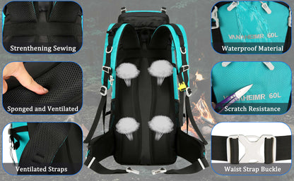 60L Travel Hiking Camping Backpack with Rain Cover, Backpack Water Resistant,Climbing Backpack for Men Women