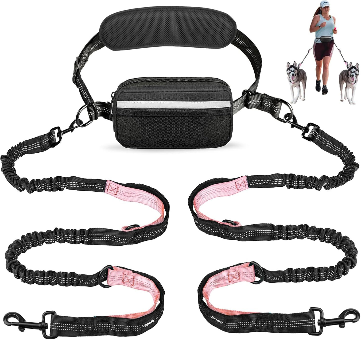 Uppetly Hands Free Dog Running Leash with Waist Belt, Dual Handle Elastic Bungees Retractable Rope for Medium and Large Dogs, Reflective Stitches for Walking Hiking Biking (Large Pink, 25-120Lb