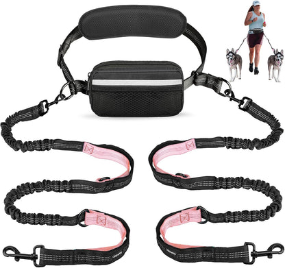 Uppetly Hands Free Dog Running Leash with Waist Belt, Dual Handle Elastic Bungees Retractable Rope for Medium and Large Dogs, Reflective Stitches for Walking Hiking Biking (Large Pink, 25-120Lb