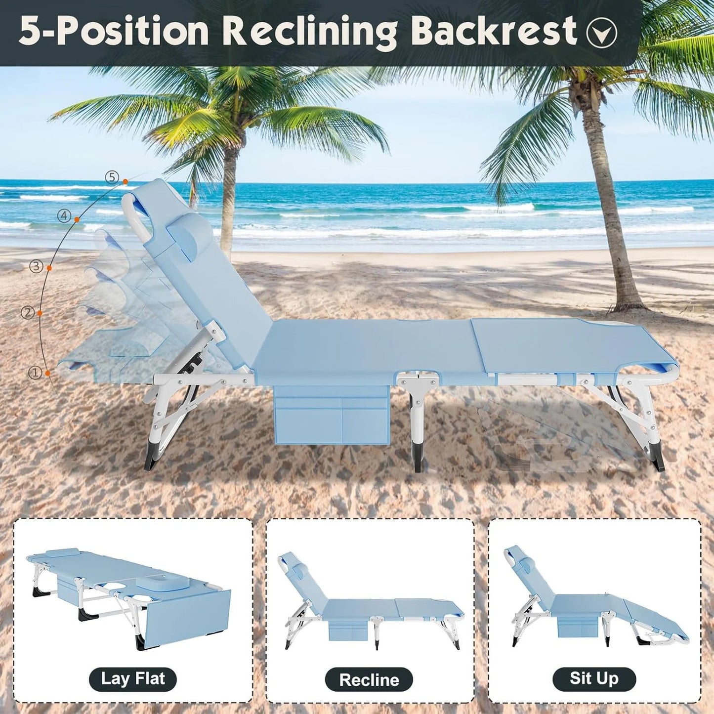 Slsy 3 in 1 Sun Tanning Chair Oversized with Mat & Face Arm Hole, 5-Position Heavy Duty Folding Chaise Outdoor Lounge Chair W/ Pillow, for Beach, Pool, Lawn, Yard, Patio