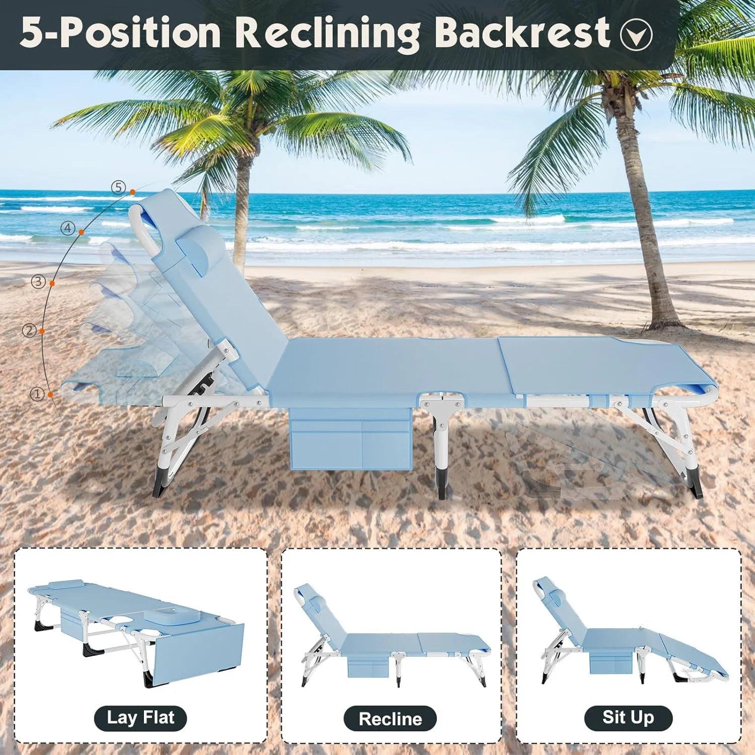 Slsy 3 in 1 Sun Tanning Chair Oversized with Mat & Face Arm Hole, 5-Position Heavy Duty Folding Chaise Outdoor Lounge Chair W/ Pillow, for Beach, Pool, Lawn, Yard, Patio