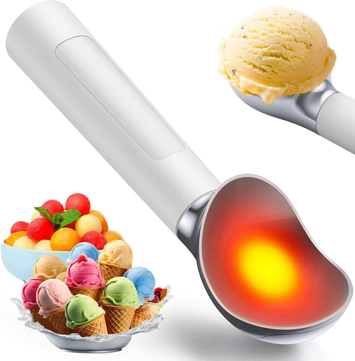 Heated Ice Cream Scoop - Rechargeable Electric Scooper for Hard Frozen Ice Cream, 158°F Fast Heating, LED Display, Food-Grade IP67 Waterproof, Cordless for Seniors & Kids