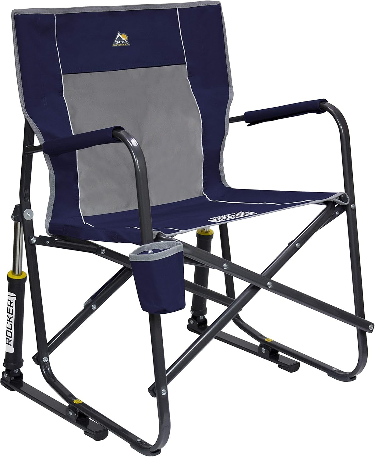 Freestyle Rocker Camping Chair | Portable Folding Rocking Chair with Solid, Durable Armrests, Drink Holder & Comfortable Backrest — Indigo Blue