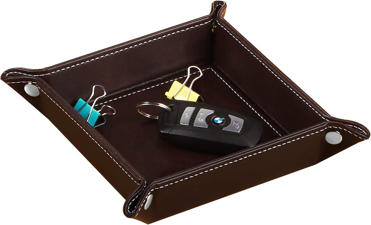 Viral Vault Roman Texture Valet Tray — PU Leather EDC Catchall & Nightstand Organizer