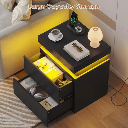 Bedroom Nightstand Charging Station LED Lights Sliding Top Drawers