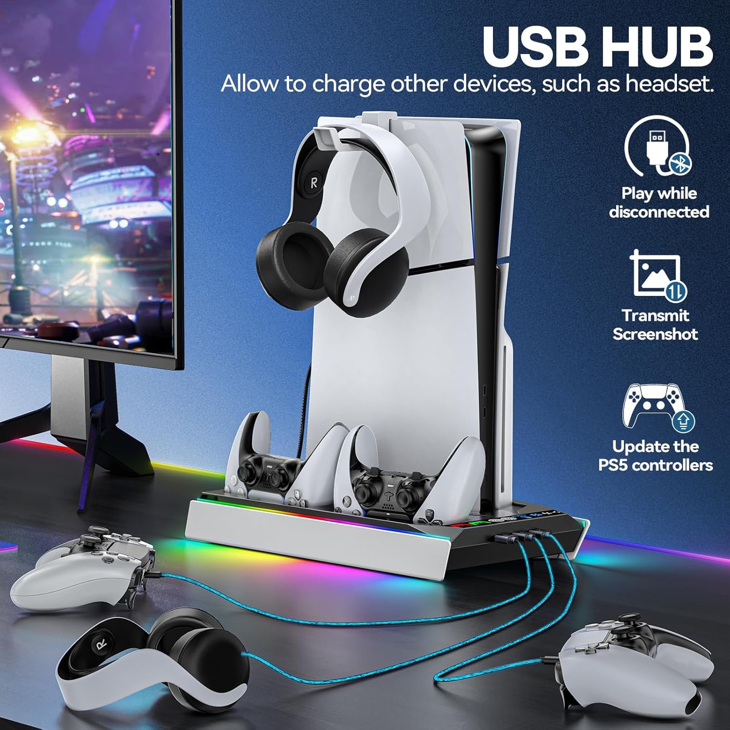 Ps5/Slim/Pro Cooling Station with Auto Turbofan & 3-Level Speed, PS5 Vertical Stand Cooling Fan Station with Controller Charger, Accessories Base Cooler Docking Station for Sony Playstation 4 Charger