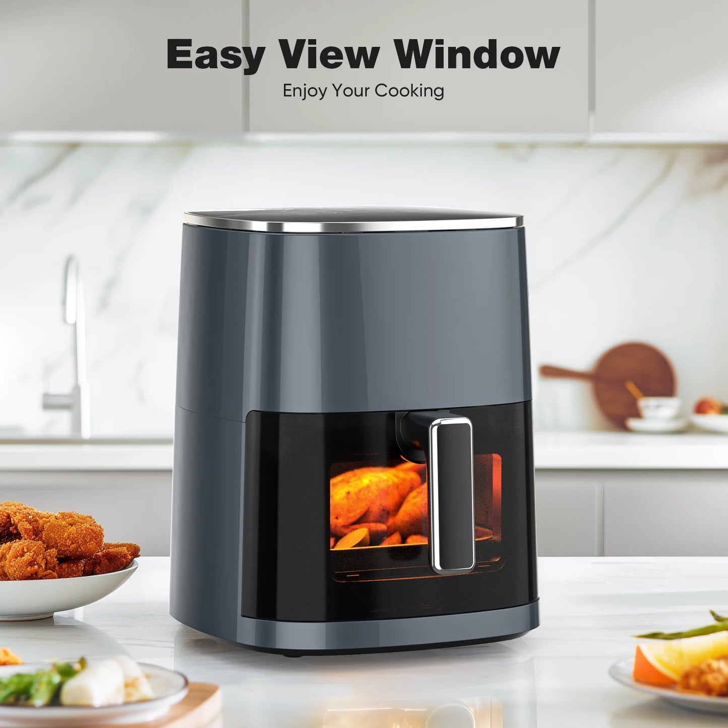 CONCETTA Air Fryer 6 Quart Capacity with Window Square Air Fryer 12-In-1 Air Fry, Roast, Reheat, Dehydrate, Bake, Steam with 400F Grey