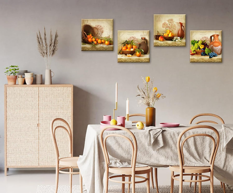 Jiazugo Kitchen Wall Decor Canvas Art for Dining Room Vintage Theme Fruit Pictures Farmhouse Rustic Signs Paintings Bar Accessories Realism Colorful Framed Decorations 4 Pcs/Set