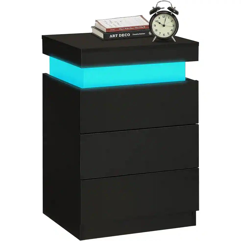 Bedroom Nightstand Charging Station LED Lights Sliding Top Drawers