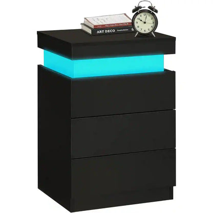 Bedroom Nightstand Charging Station LED Lights Sliding Top Drawers