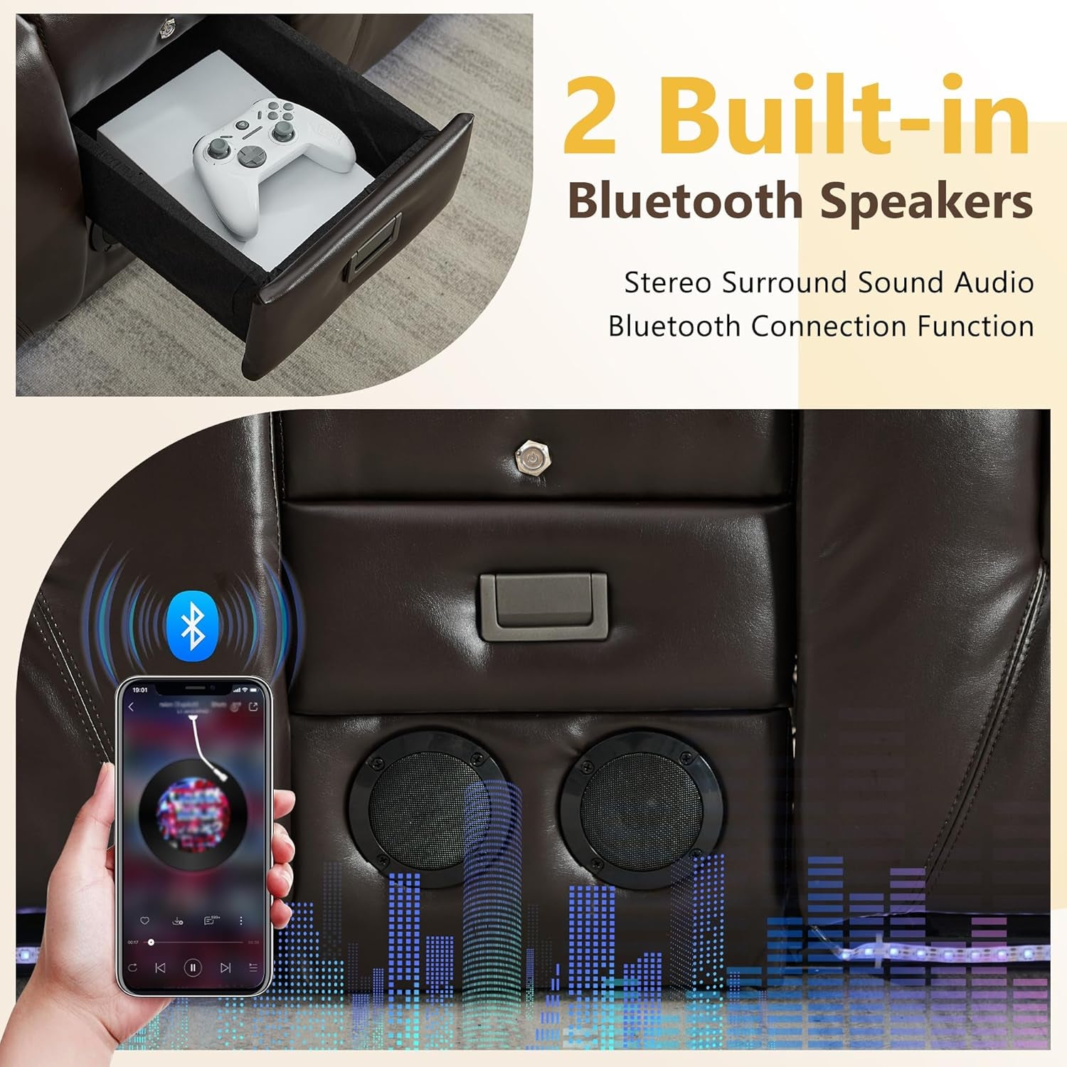 URRED Power Loveseat Recliner Sofa with Center Console, Wall Hugger RV Reclining Couch, Home Theater Seating with LED Lights, Bluetooth Speakers, USB Ports, Outlets, Cup Holders, Side Pockets (Coffee)