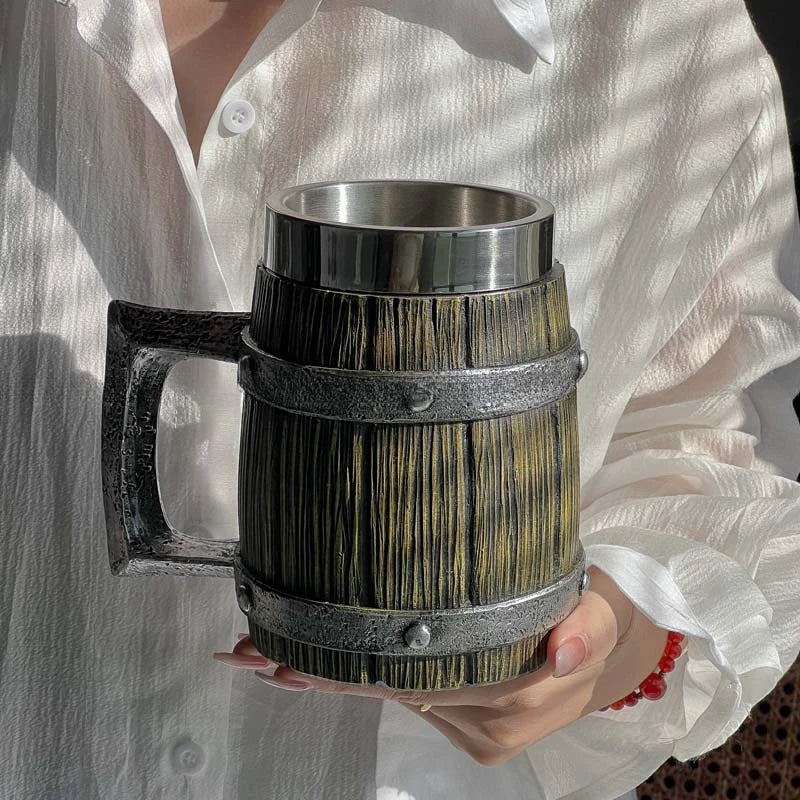 Viking Wood Style Beer Mug 3D Resin Stainless Steel Coffee Cup Wine Glass Metal Double Wall Mug Beer Jug Cup Thermal