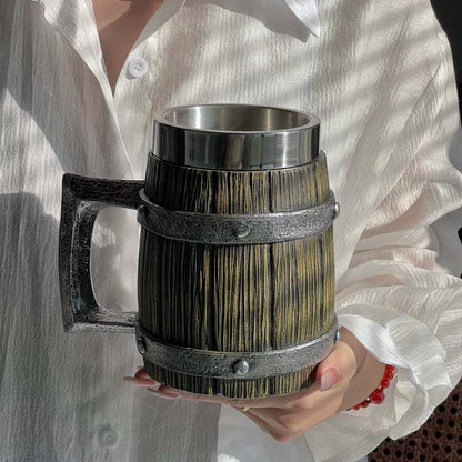 Viking Wood Style Beer Mug 3D Resin Stainless Steel Coffee Cup Wine Glass Metal Double Wall Mug Beer Jug Cup Thermal