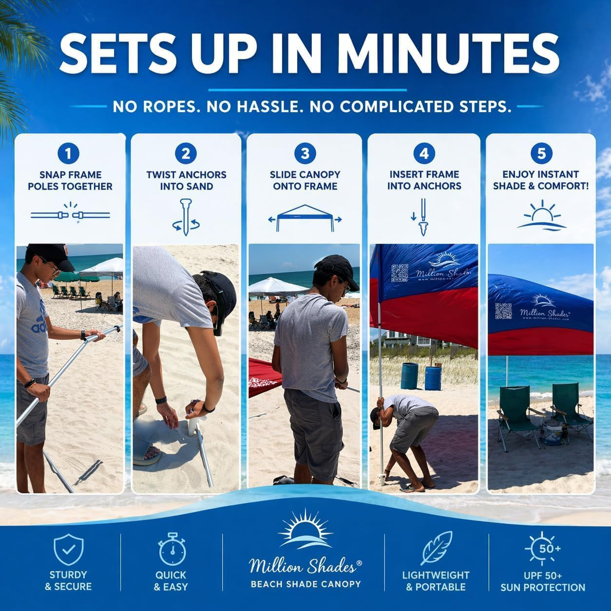 Millionshades® Beach Shade Sail – No Ropes, No Sandbags, Quiet in Wind, 8X8 Ft Wind-Propelled® Beach Shade Canopy, UPF 50+, Cozy for 2-3 People